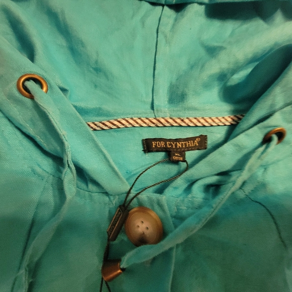 Super Cute Linen Teal Button-Up Hooded Jacket Size XL - Picture 8 of 15